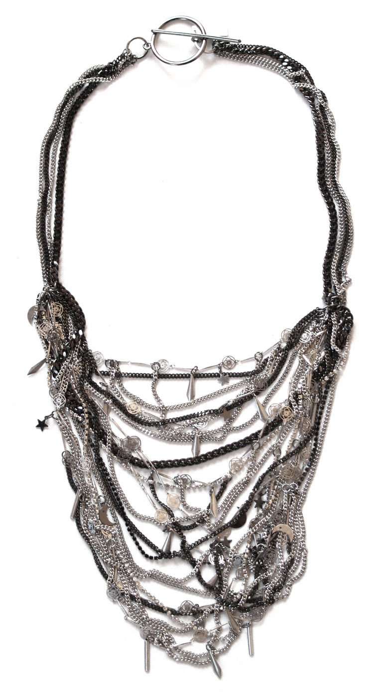 Bib necklace with crystals and brass chains. Black Bib Necklace.