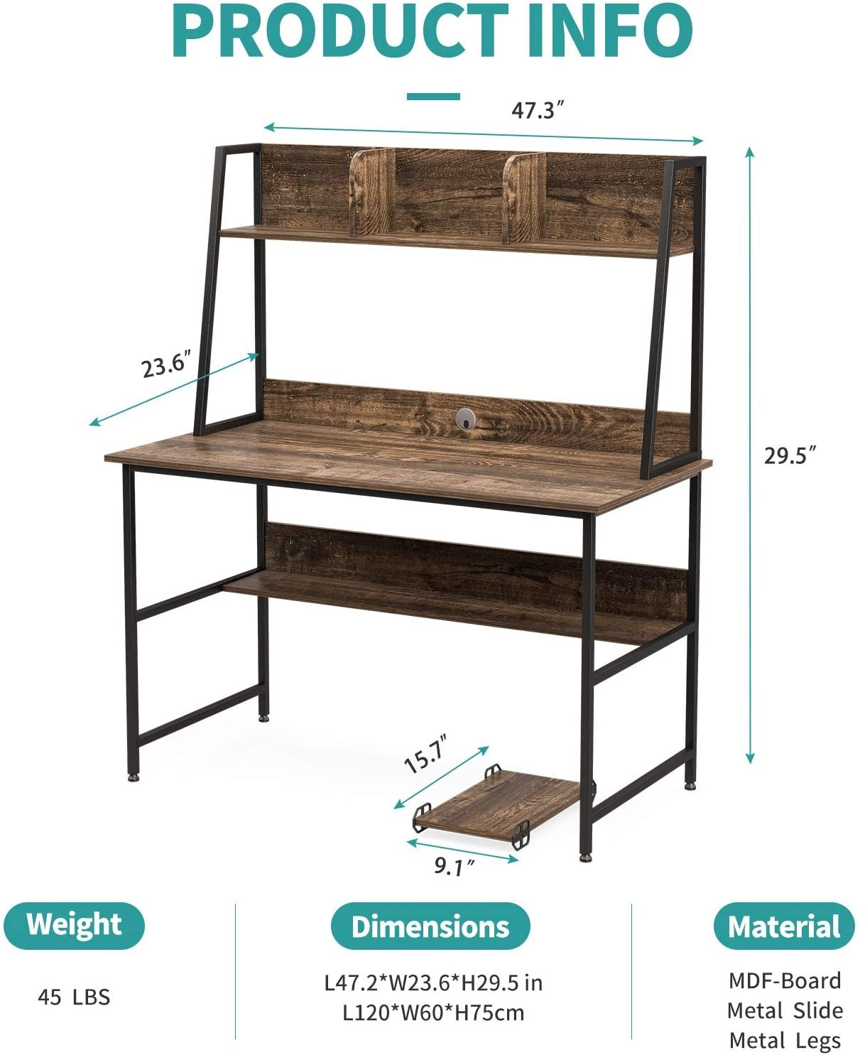 47 Inch Computer Desk with Shelves Sturdy Writing Desk