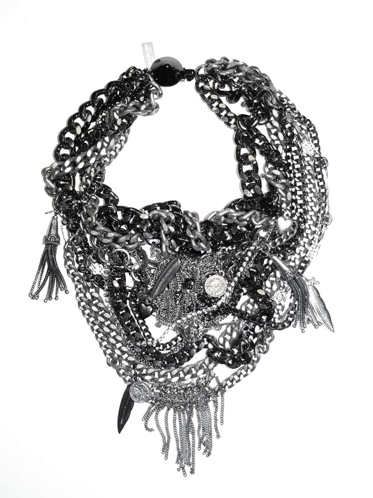 Bib necklace with gunmetal and silver studded chains, Swarovski