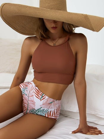 High Neck Printed Padded Beachwear Leaves Bathing Suit