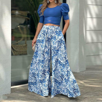 O Neck Puff Sleeve & Wide Leg Trousers Suit