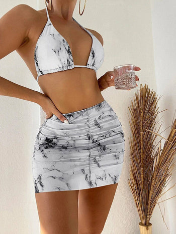 Halter Lace-up Micro Bikini+High Waist Short Skirts Suit