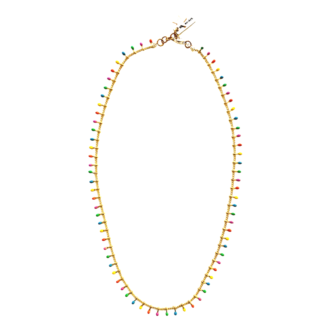 Pastel colors drop boho chic necklace in gold.