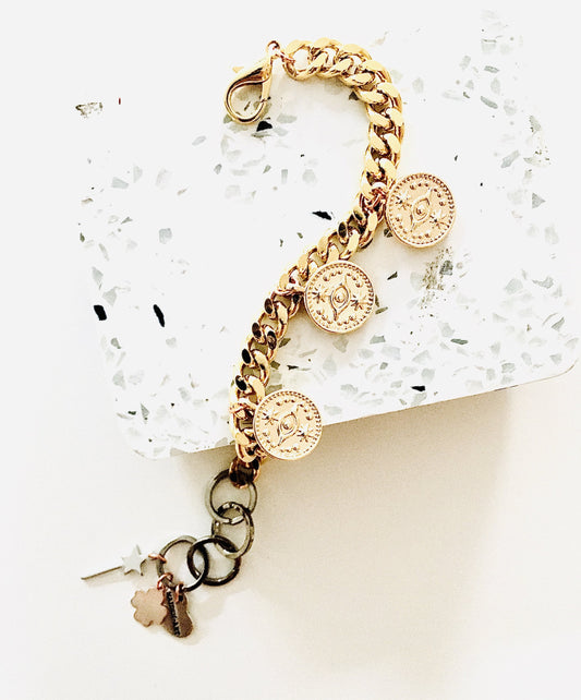 Evil Eye Coins Bracelet in Gold or Silver.