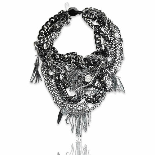 Bib necklace with gunmetal and silver studded chains, Swarovski