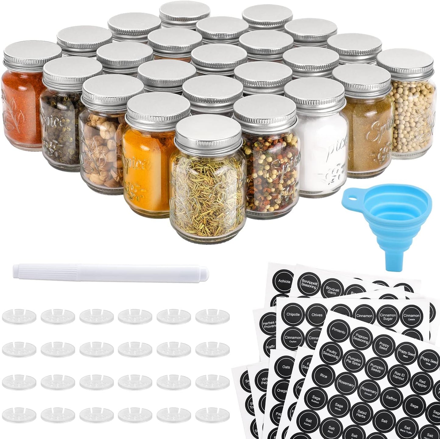 24 Pcs Glass Mason Spice Jars/Bottles - 4Oz Empty Spice Containers with Spice Labels - Shaker Lids and Airtight Metal Caps - Silicone Collapsible Funnel Included