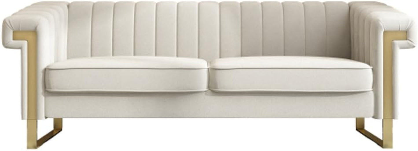 Chesterfield Sofa, Velvet Upholstered Futon Sofa with Flared Arms and Removable Cushions, Sofa Couch with Wood Frame and Gold Legs, Mid Century Tufted Sofa for Living Room (Beige)