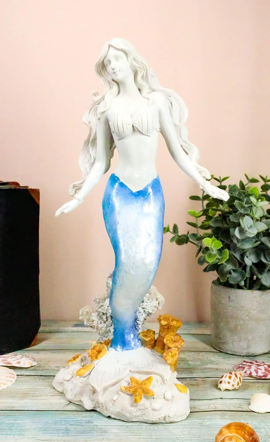 Capiz Blue and White Gradient Nautical Ariel Mermaid Princess by Sea Coral Reef Starfish Statue Ocean Aquamarine Goddess Decorative Figurine (Standing Mermaid)