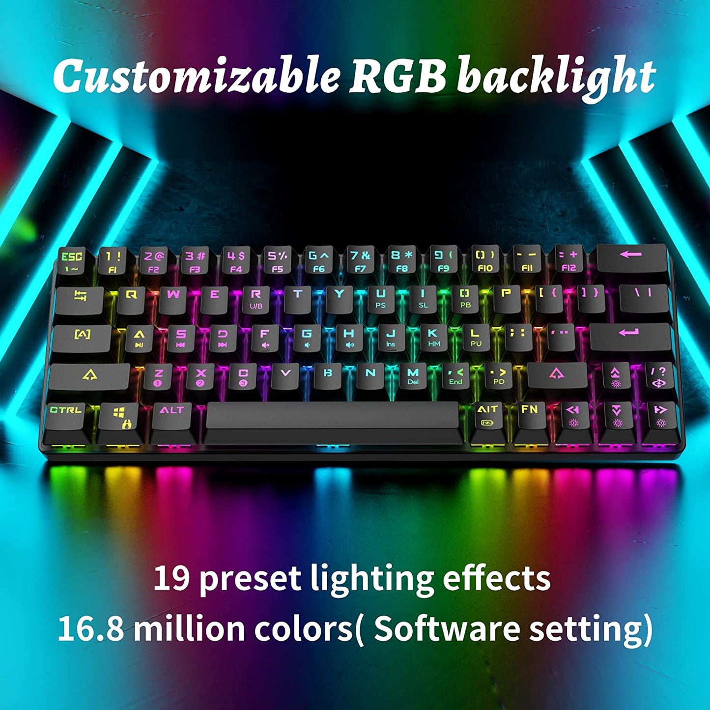 DK63 60% Wireless Mechanical Keyboard, RGB Backlit Bluetooth Gaming Keyboard Wired Dedicated Arrow Keys, Compact 63 Keys Mini Keyboard, Full Keys Programmable - Blue Switch