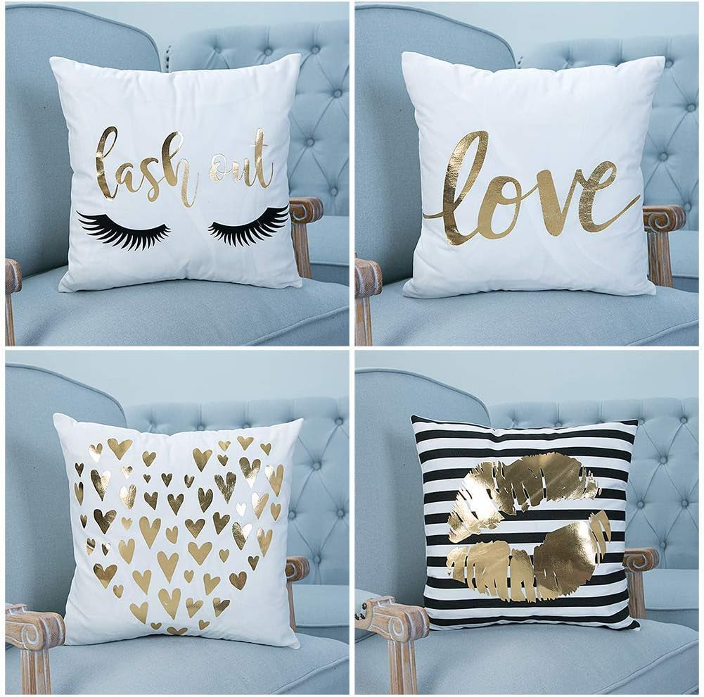 4Pcs Décor Throw Pillow Cover Super Soft Gold Foil Decorative Cushion Cover 18 X 18 Inches Eyelashes Lips Love Printed Pillow Case for Sofa Chair Car Bed (White)