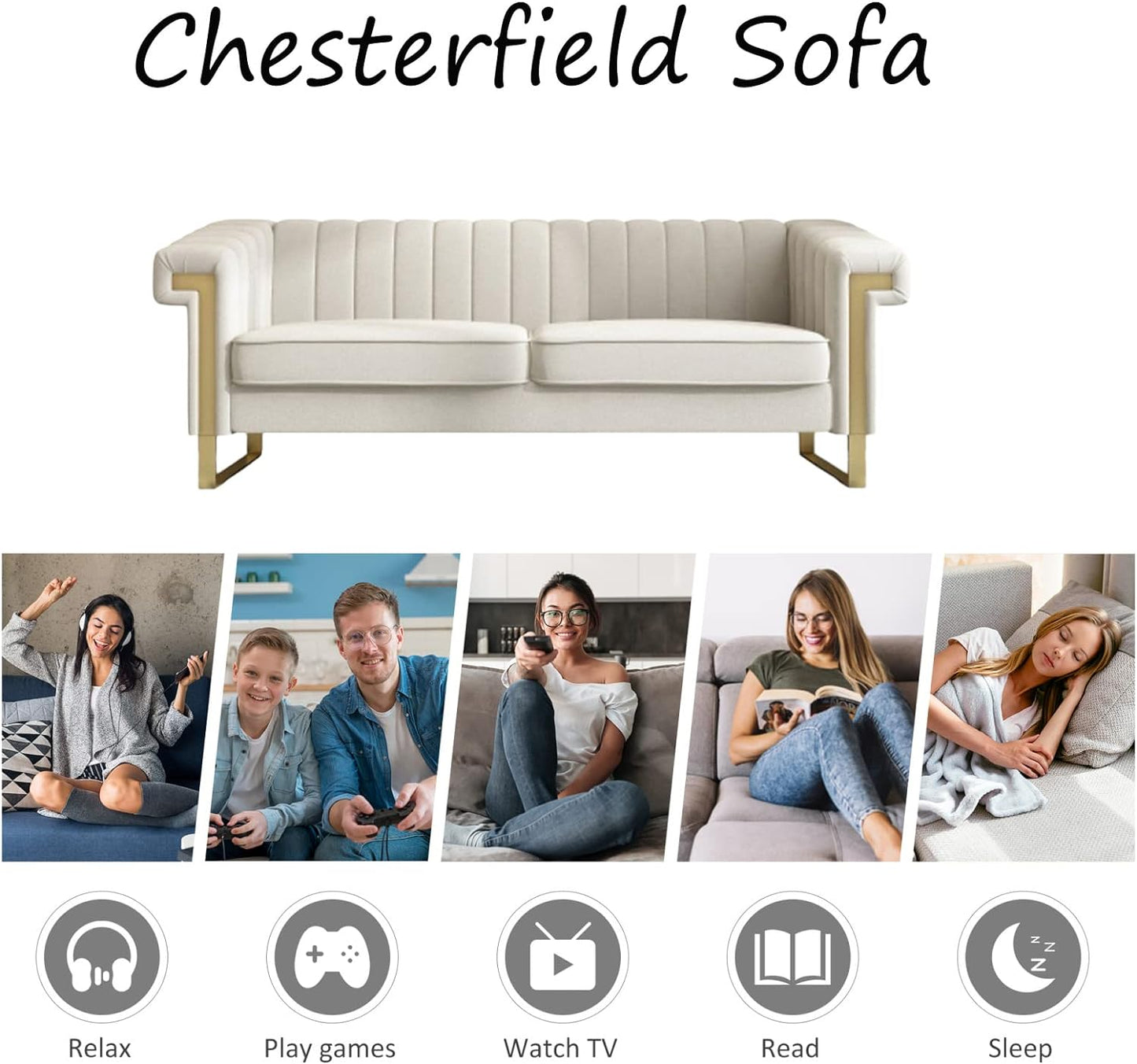 Chesterfield Sofa, Velvet Upholstered Futon Sofa with Flared Arms and Removable Cushions, Sofa Couch with Wood Frame and Gold Legs, Mid Century Tufted Sofa for Living Room (Beige)