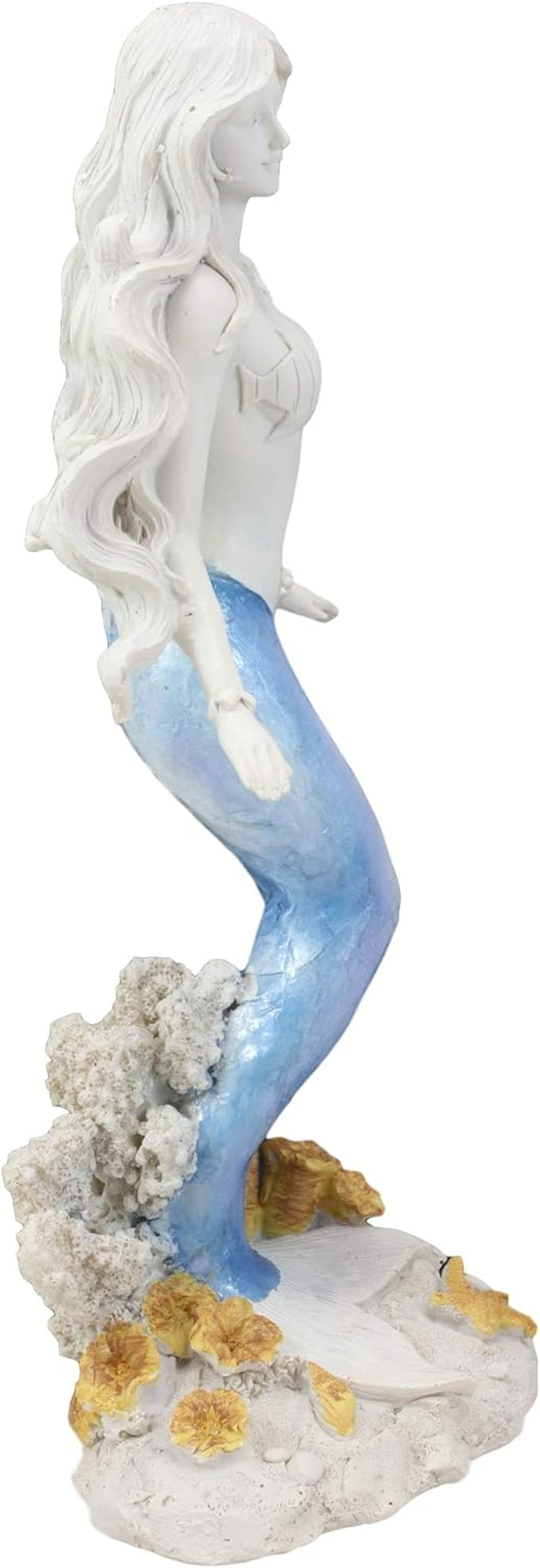 Capiz Blue and White Gradient Nautical Ariel Mermaid Princess by Sea Coral Reef Starfish Statue Ocean Aquamarine Goddess Decorative Figurine (Standing Mermaid)