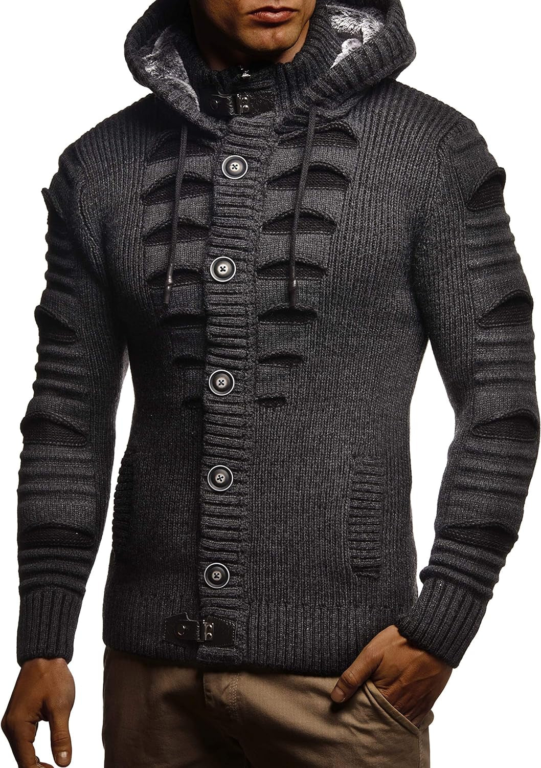 Men'S Stylish Knit Sweater with Buttons | Knitted Sweatshirt Pullover with Hood | Warm for Winter | LN5605