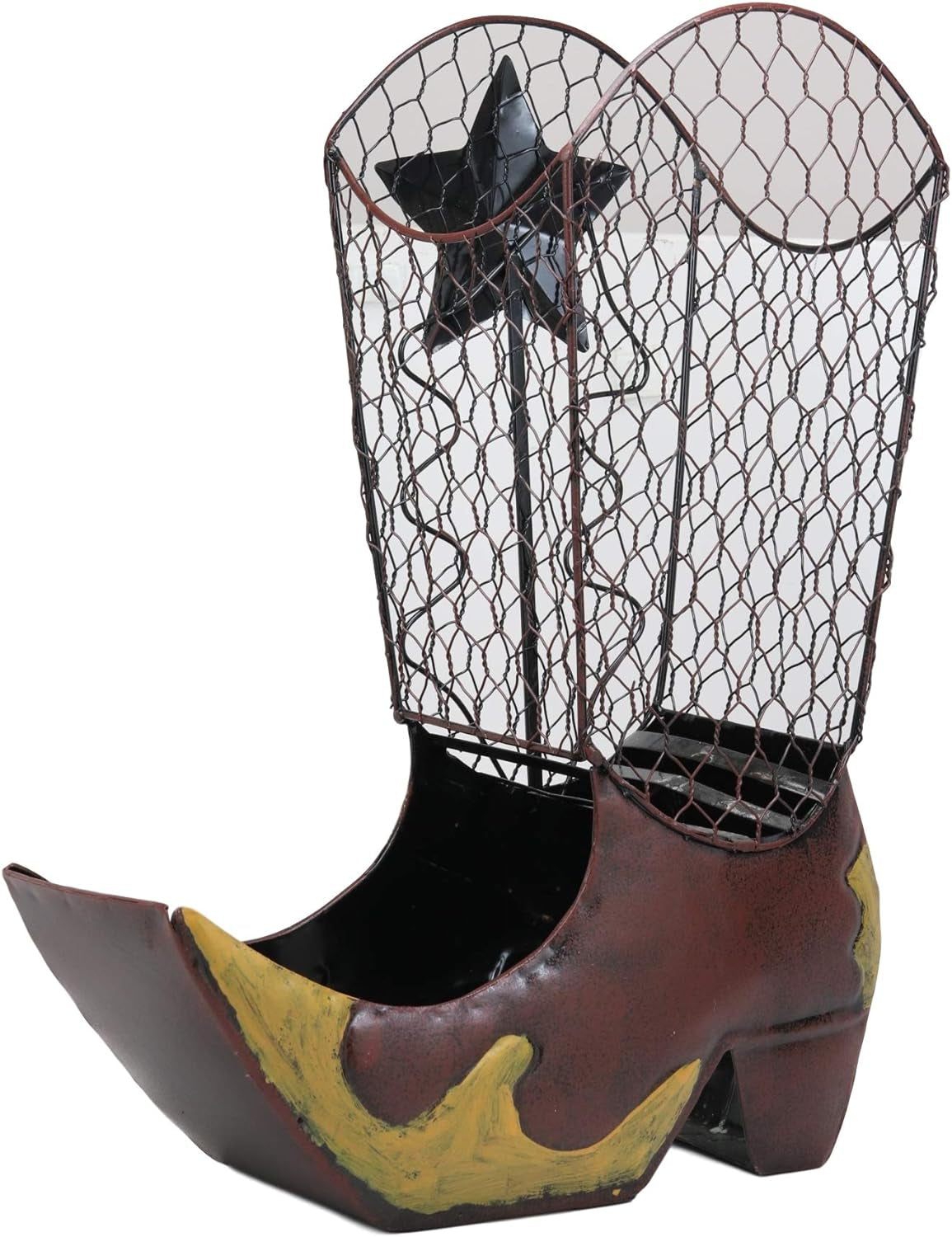 Western Rustic Cowboy Cowgirl Boot with Texas Star Decorative Cork and Wine Bottle Holder Sculpture 14" Tall Hand Made Steel Metal Animated Decor Figurine Kitchen Wine Cellar Organizer