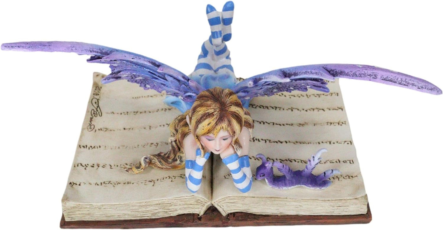 Ebros Amy Brown Purple Lavender Book Worm Fairy with Pet Dragon Statue 7.25" Long Fantasy Mythical Reading Faery FAE Magic Watercolor Collectible Decor Figurine