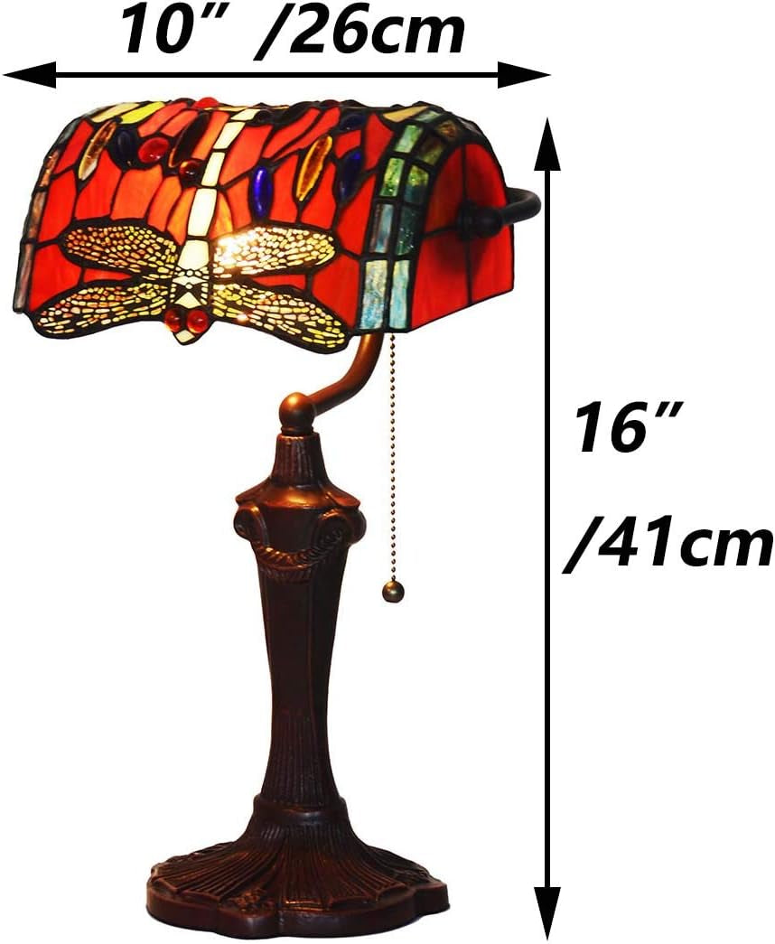 L10057 Dragonfly Tiffany Style Stained Glass Bankers Desk Lamp Table Lamp for Reading Working Home Decoration, 10" W X 16" H (Red)