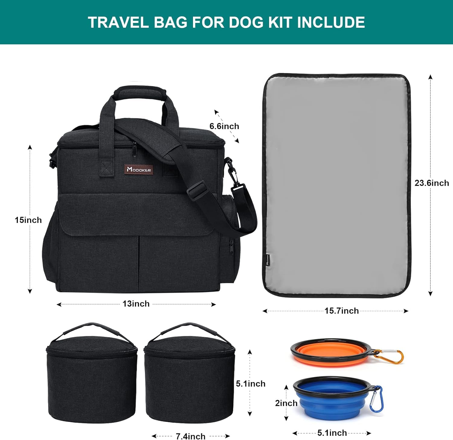 Dog Travel Bag Dog Travel Kit for a Weekend Away Set Includes Pet Travel Bag Organizer for Accessories, 2 Collapsible Dog Bowls, 2 Travel Dog Food Container (Black)