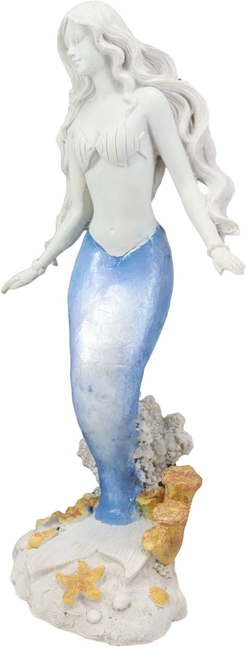 Capiz Blue and White Gradient Nautical Ariel Mermaid Princess by Sea Coral Reef Starfish Statue Ocean Aquamarine Goddess Decorative Figurine (Standing Mermaid)