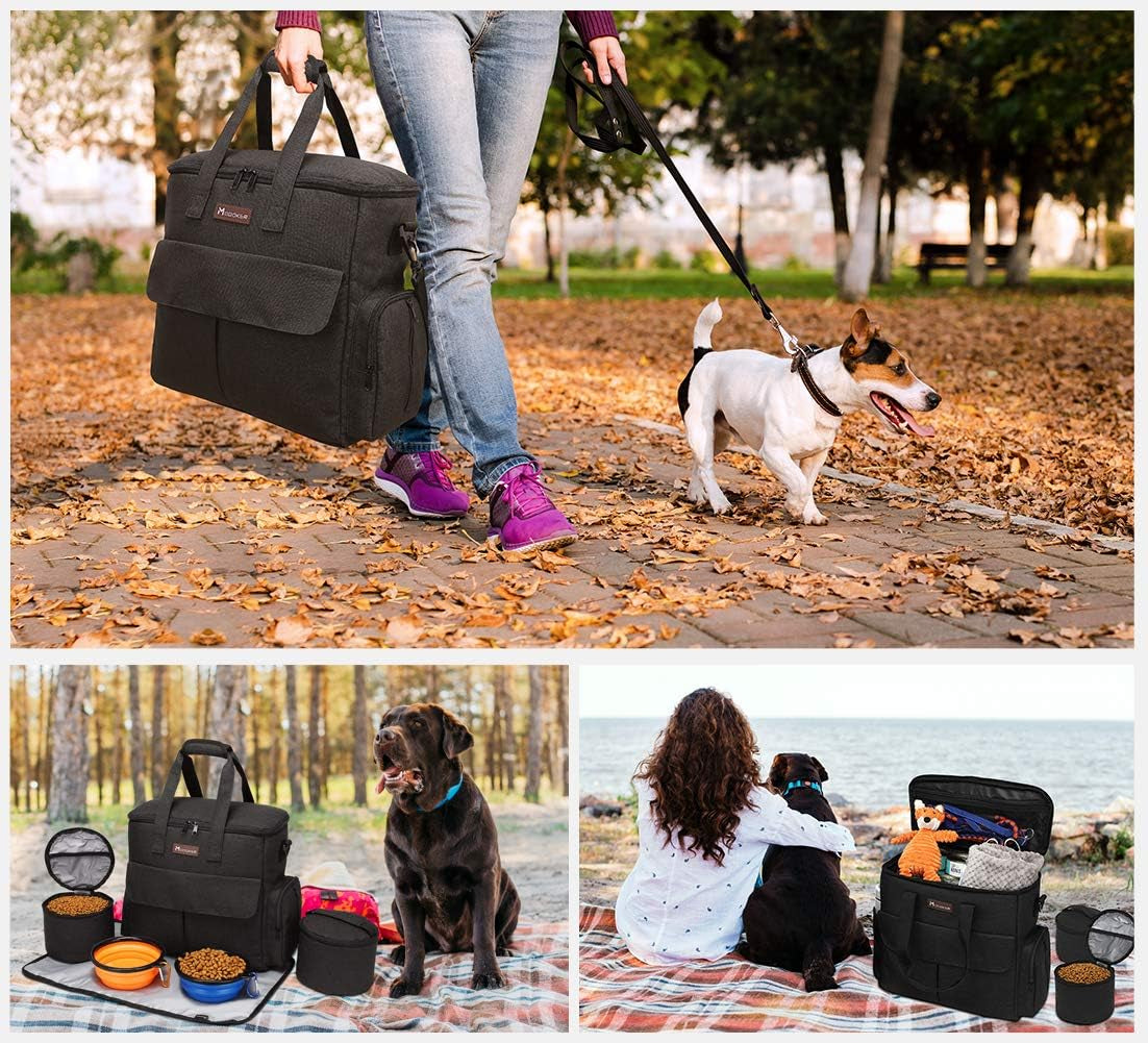 Dog Travel Bag Dog Travel Kit for a Weekend Away Set Includes Pet Travel Bag Organizer for Accessories, 2 Collapsible Dog Bowls, 2 Travel Dog Food Container (Black)