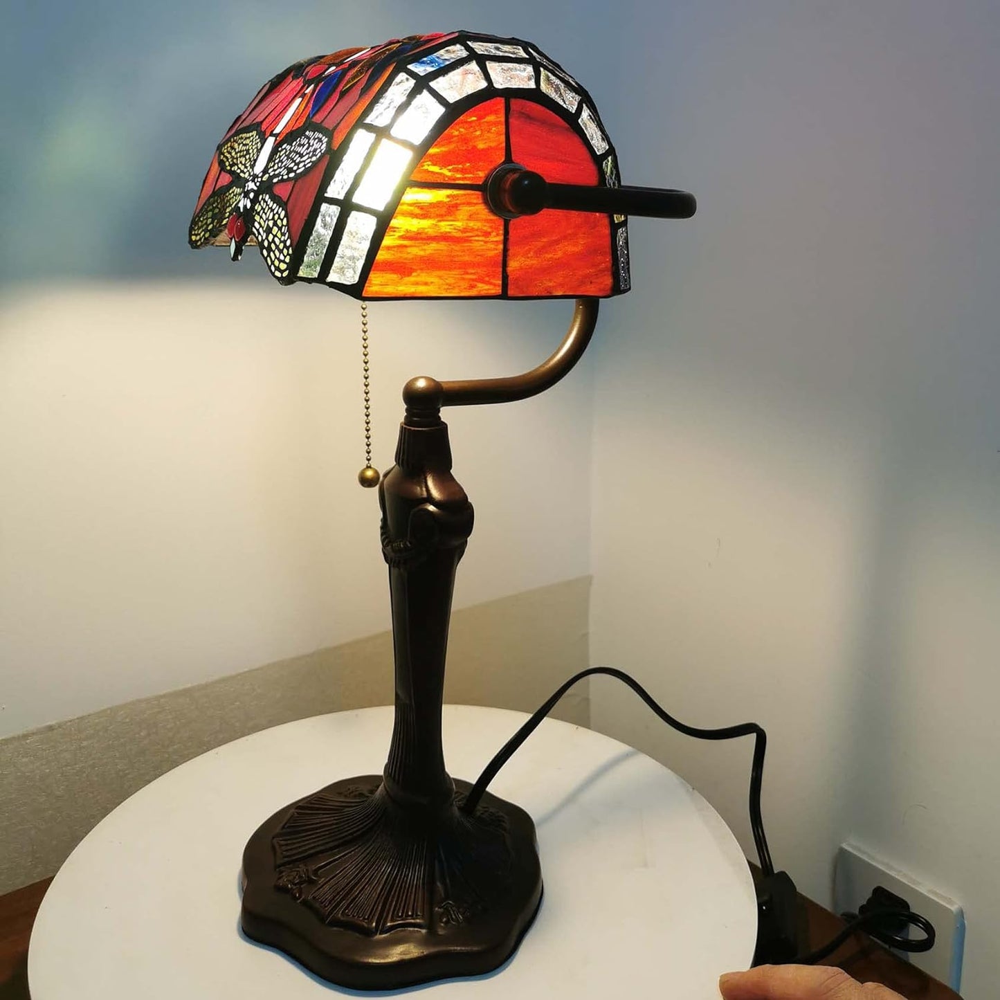 L10057 Dragonfly Tiffany Style Stained Glass Bankers Desk Lamp Table Lamp for Reading Working Home Decoration, 10" W X 16" H (Red)