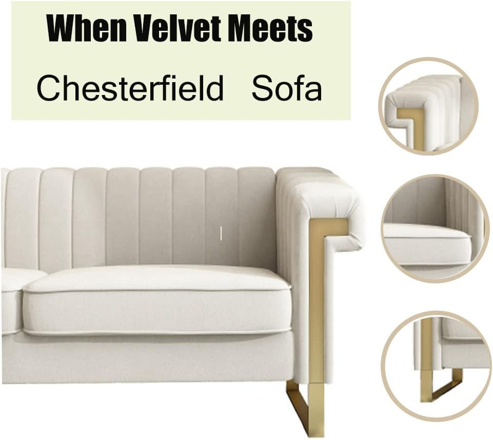 Chesterfield Sofa, Velvet Upholstered Futon Sofa with Flared Arms and Removable Cushions, Sofa Couch with Wood Frame and Gold Legs, Mid Century Tufted Sofa for Living Room (Beige)