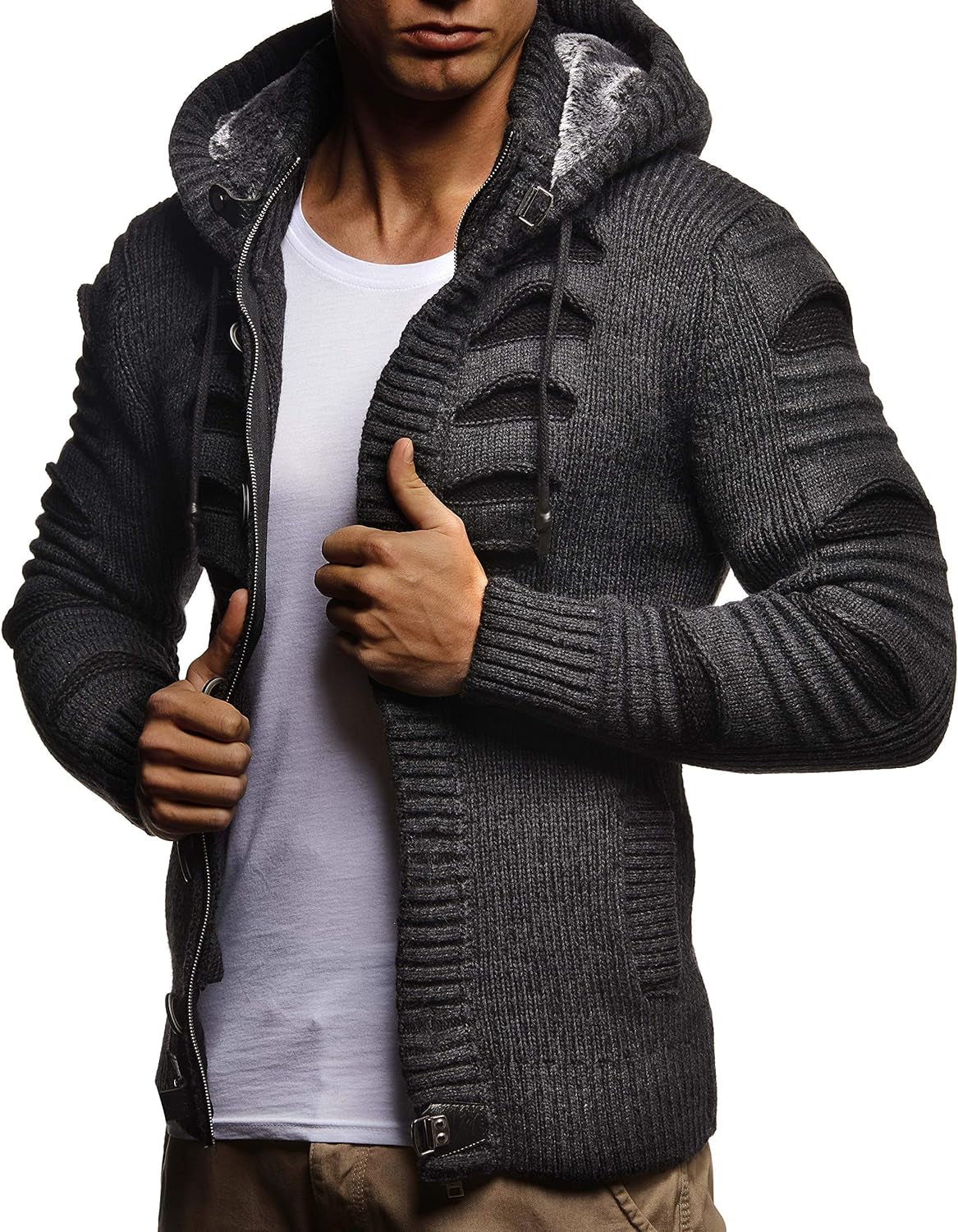 Men'S Stylish Knit Sweater with Buttons | Knitted Sweatshirt Pullover with Hood | Warm for Winter | LN5605