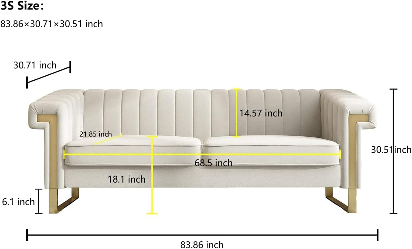 Chesterfield Sofa, Velvet Upholstered Futon Sofa with Flared Arms and Removable Cushions, Sofa Couch with Wood Frame and Gold Legs, Mid Century Tufted Sofa for Living Room (Beige)