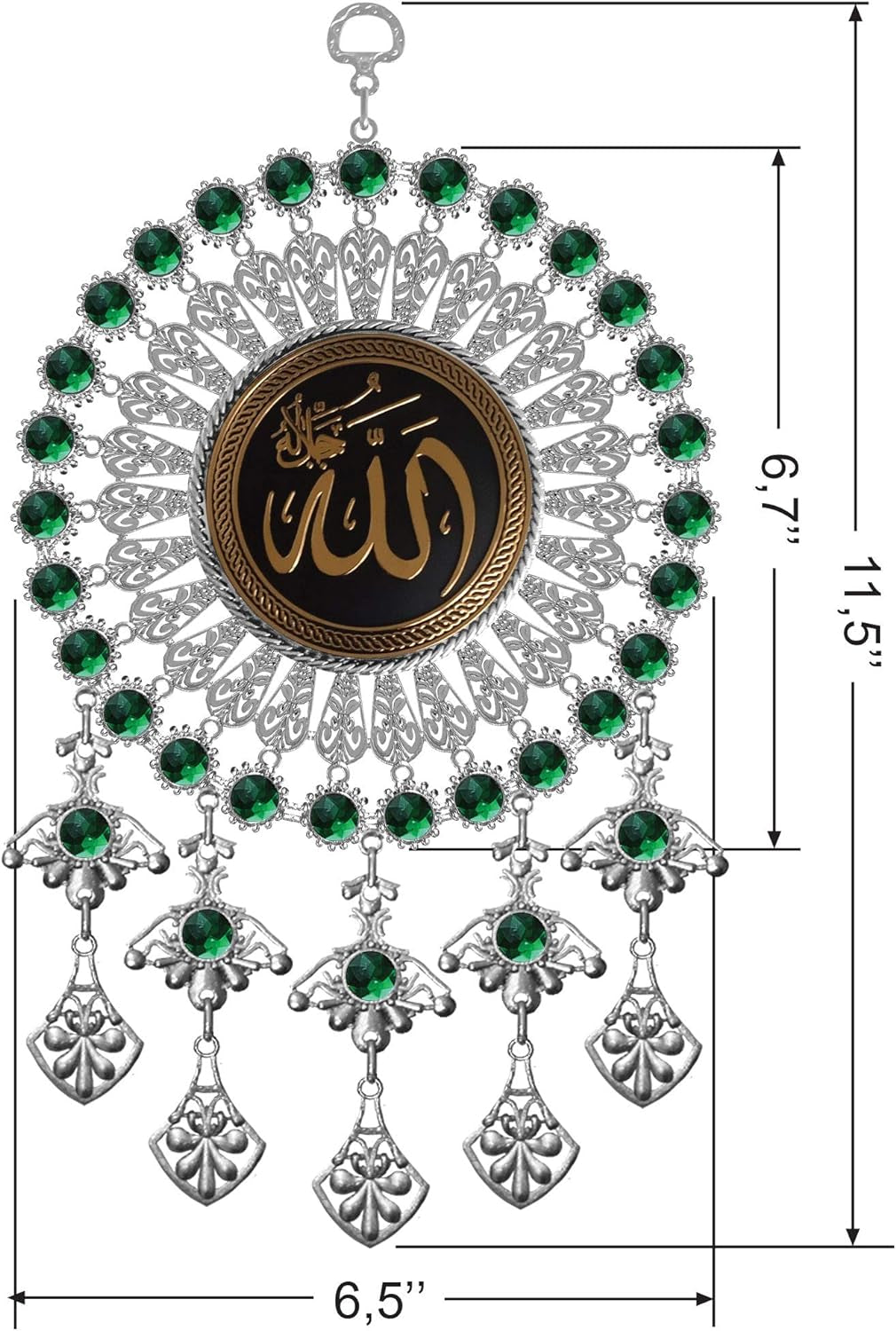 Metal 6,7” Decorative Allah Wall Art, Quran, Arabic Calligraphy, Islamic Gift for Muslim, Ramadan, Eid Mubarak, Gold Color and Green Beaded