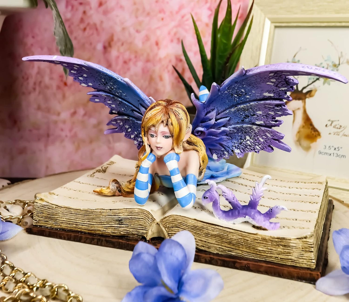 Ebros Amy Brown Purple Lavender Book Worm Fairy with Pet Dragon Statue 7.25" Long Fantasy Mythical Reading Faery FAE Magic Watercolor Collectible Decor Figurine