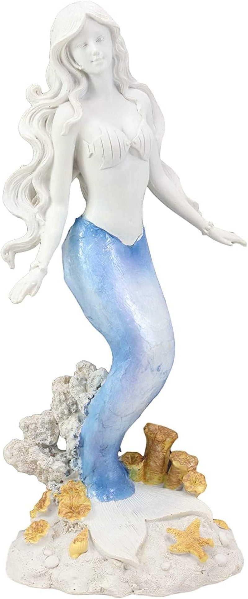 Capiz Blue and White Gradient Nautical Ariel Mermaid Princess by Sea Coral Reef Starfish Statue Ocean Aquamarine Goddess Decorative Figurine (Standing Mermaid)