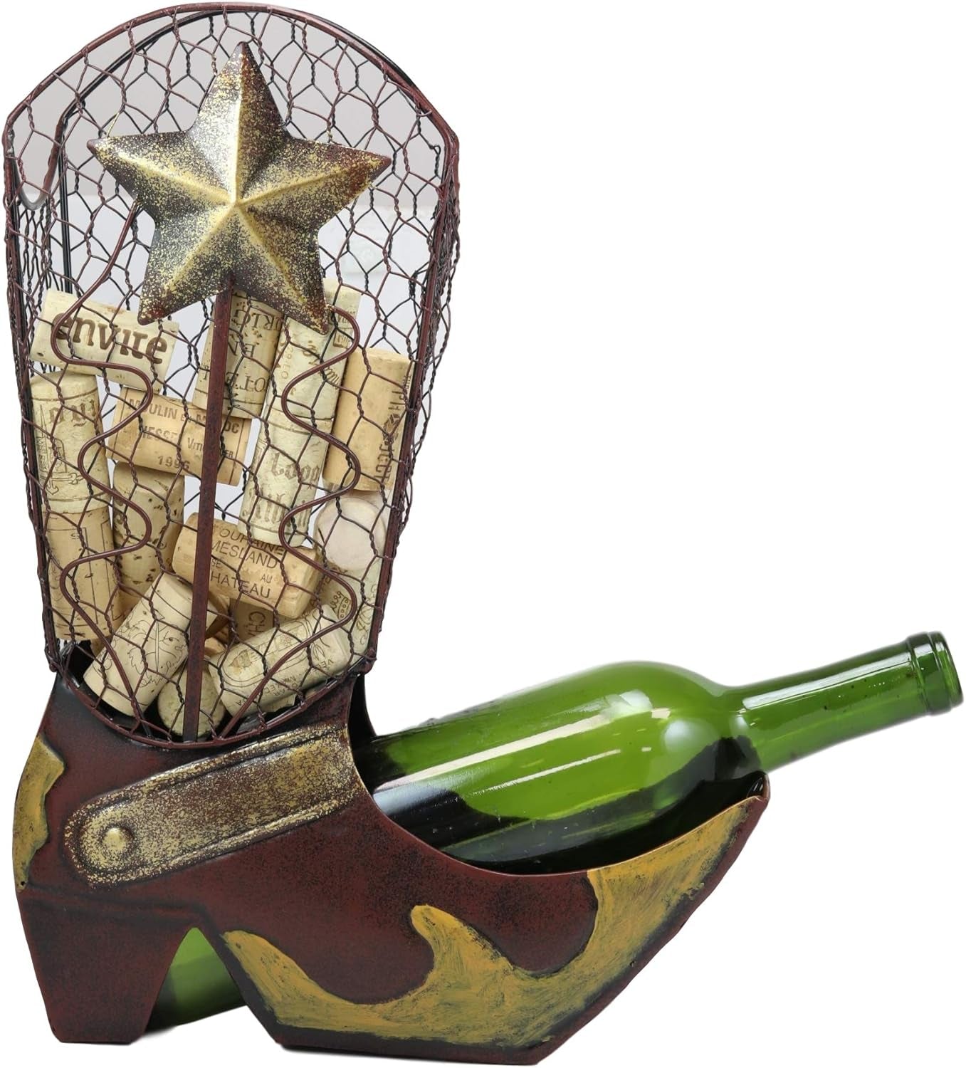Western Rustic Cowboy Cowgirl Boot with Texas Star Decorative Cork and Wine Bottle Holder Sculpture 14" Tall Hand Made Steel Metal Animated Decor Figurine Kitchen Wine Cellar Organizer