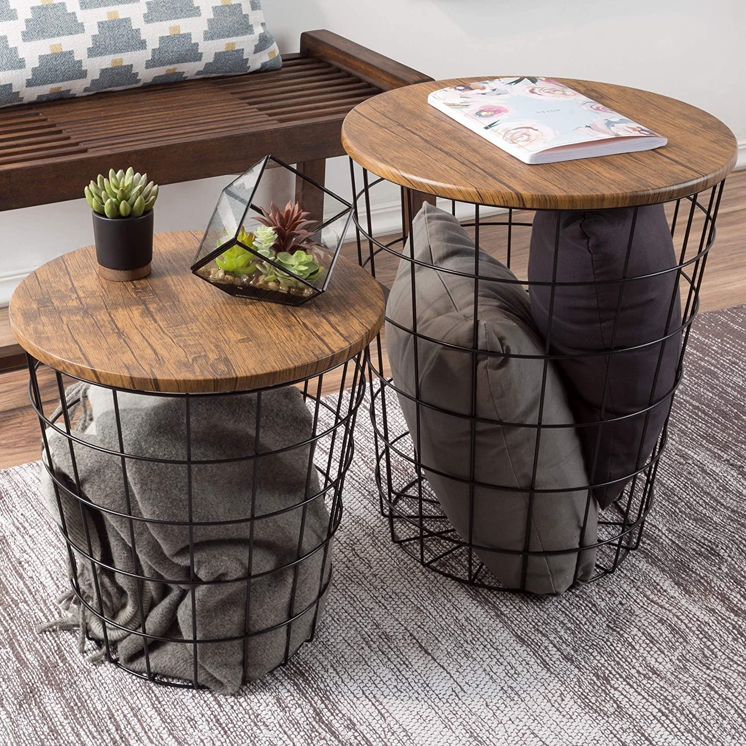 End Storage – Nesting Wire Basket Base and Wood Tops – Industrial Farmhouse Style Side Table, Set of 2 - round Black, Brown