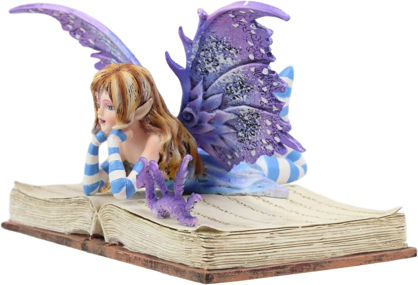 Ebros Amy Brown Purple Lavender Book Worm Fairy with Pet Dragon Statue 7.25" Long Fantasy Mythical Reading Faery FAE Magic Watercolor Collectible Decor Figurine