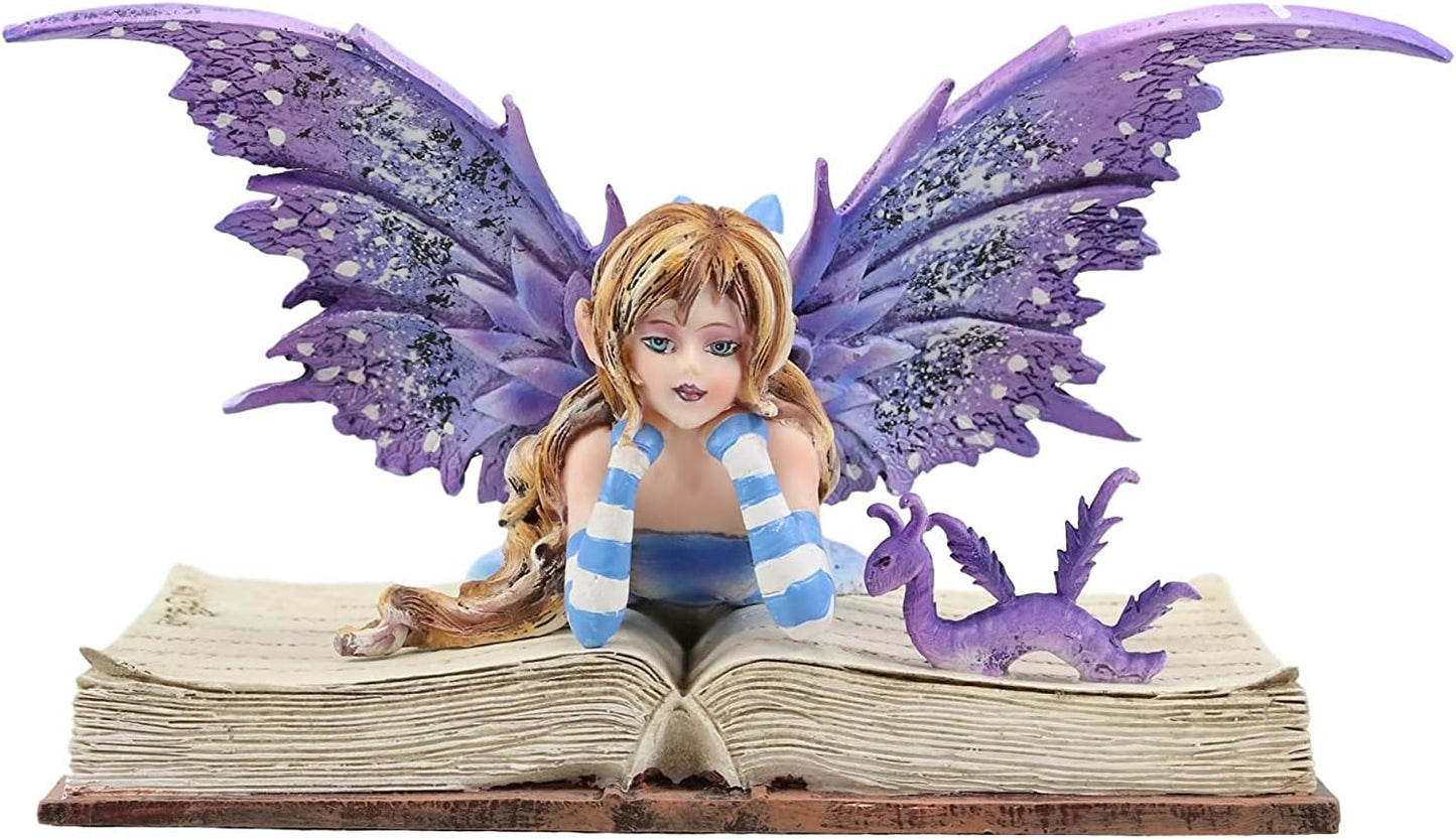 Ebros Amy Brown Purple Lavender Book Worm Fairy with Pet Dragon Statue 7.25" Long Fantasy Mythical Reading Faery FAE Magic Watercolor Collectible Decor Figurine