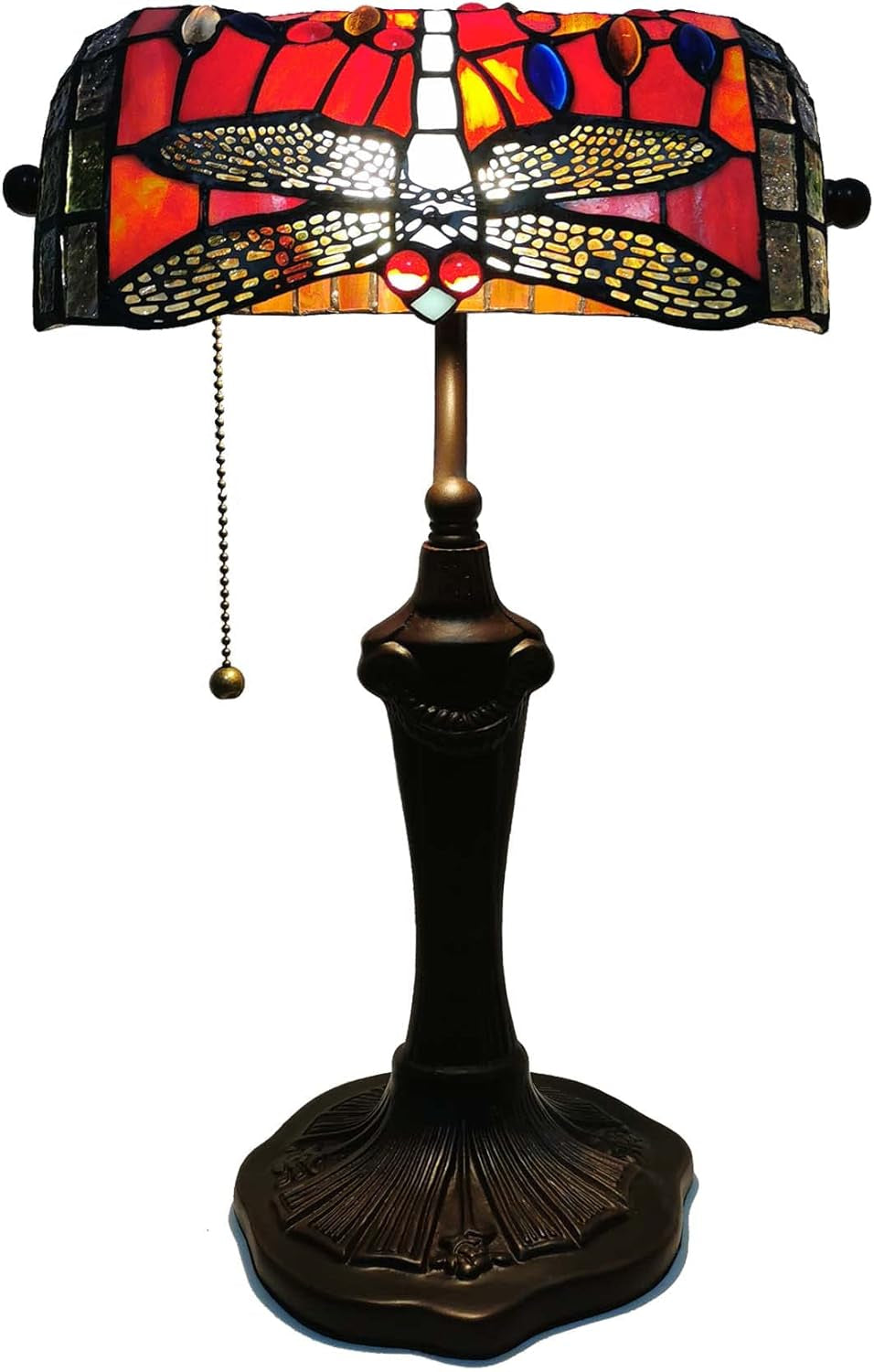 L10057 Dragonfly Tiffany Style Stained Glass Bankers Desk Lamp Table Lamp for Reading Working Home Decoration, 10" W X 16" H (Red)