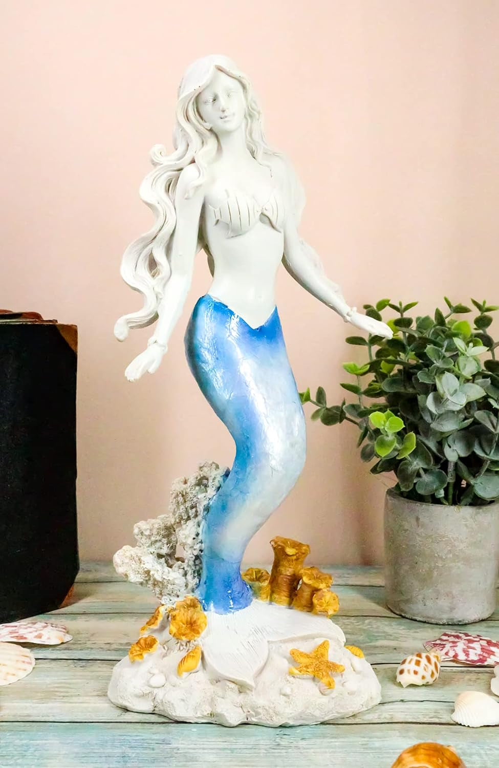 Capiz Blue and White Gradient Nautical Ariel Mermaid Princess by Sea Coral Reef Starfish Statue Ocean Aquamarine Goddess Decorative Figurine (Standing Mermaid)